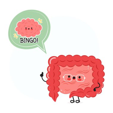 Karikatür insan bağırsağı karakteri, gözlüklü ve elli, baloncuk aracılığıyla konuşan, beyaz arka planda, bağırsak sağlığı bilinci kavramı