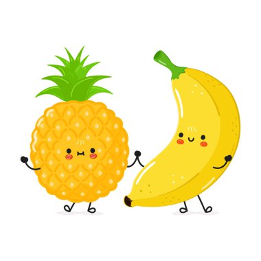 Pineapple ve Muz 'un el ele tutuşan gülümseyen yüzleri, temiz beyaz arka planda çizgi film stili, arkadaşlık kavramı.