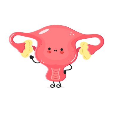 Kolları ve bacakları olan sevimli rahim karikatürü, neşeli yüz, beyaz arka plan, eğitici ve üreme sağlığı kavramı