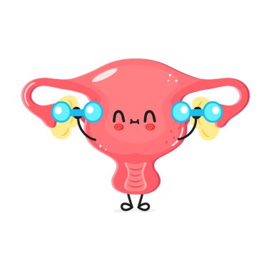 Gülümseyen bir rahmin halterlerini kaldıran bir karakterin çizgi film stili çizimi, düz beyaz arka plan üzerine kurulmuş, gücü sembolize ediyor. Vektör el çizilmiş çizgi film kawaii karakter resimleme simgesi