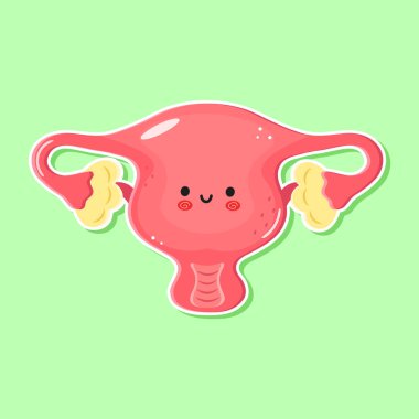 Gülen yüzlü, pembe ve sarı renklerle işaretlenmiş yeşil arka planda sevimli çizgi film tarzı rahim. Sağlık kavramı. Vektör el çizimi çizgi film kawaii karakter çizimi