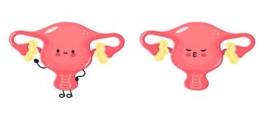 Two cartoon uterus characters are showcased, one expressing happiness and the other sadness. They are adorned with cute features, showcasing vibrant colors and playful expressions. clipart