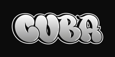 Küba sözcüğünün çarpıcı bir temsili, parlak metalik kaplamalı kalın, stilize bir yazı tipi ile tasarlanmış. Arka plan koyu siyah, görsel etkiyi ve modern estetiği arttırıyor..