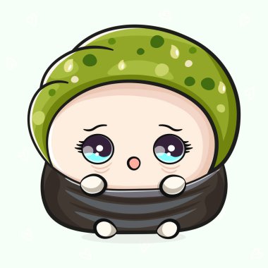 Üzgün Suşi karakteri. Vektör el, geleneksel çizgi film klasiği, retro kawaii karakter resimleme simgesi çizdi. İzole edilmiş açık yeşil arka plan. Korkak Sushi karakteri konsepti