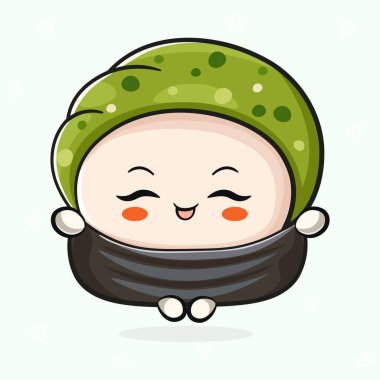 Yoga yapan sevimli komik suşi. Vektör el, geleneksel çizgi film klasiği, retro kawaii karakter resimleme simgesi çizdi. İzole edilmiş açık yeşil arka plan. Sushi rahat karakter konsepti