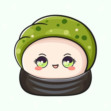 Tatlı komik suşi. Vektör el çizimi çizgi film kawaii karakter çizimi simgesi. Yeşil arka planda izole edilmiş. Mutlu Suşi karakter konsepti