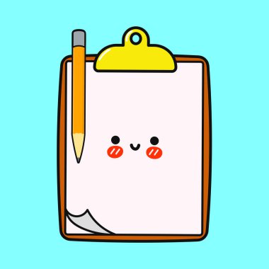 Gülümseyen yüzlü neşeli bir pano parlak mavi bir arka planda sarı bir kalem tutuyor, yaratıcılığı ve şakacı notları çağrıştırıyor..