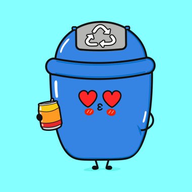 A friendly blue recycling bin with heart-shaped eyes holds a soda can, showcasing a whimsical design. The cheerful character stands out against a light blue backdrop. clipart