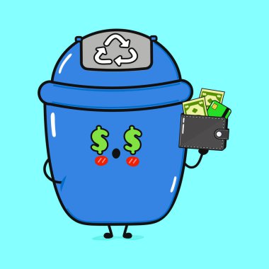 Dolar gözlü mutlu çöp tenekesi para dolu bir cüzdan taşıyor. Neşeli geri dönüşüm kutusu tasarruf ve çevre bilincini artırıyor. Vektör el çizimi çizgi film kawaii karakter çizimi simgesi. Mali konsept