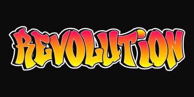 Devrimci kelime graffiti tarzı harfler. Vektör el çizimi çizgi film logosu Devrim illüstrasyonu. Komik havalı garip mektuplar, moda, graffiti tarzı baskı tişörtü, poster konsepti.