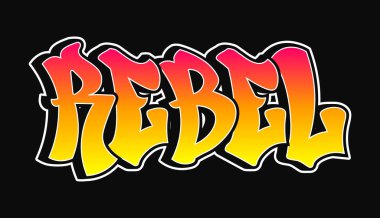 İsyancı kelimesi graffiti tarzı harfler. Vektör el çizimi karikatür logosu Asi illüstrasyonu. Komik havalı garip mektuplar, moda, graffiti tarzı baskı tişörtü, poster konsepti.
