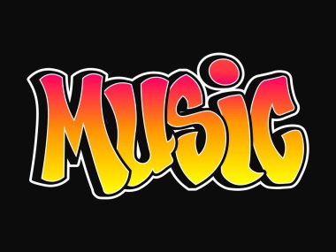 Müzik sözcüğü graffiti tarzı harfler. Vektör el çizimi karikatür logosu Müzik illüstrasyonu. Komik havalı garip mektuplar, moda, graffiti tarzı baskı tişörtü, poster konsepti.