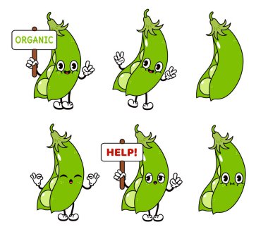 Komik Mutlu Bezelye Karakterleri seti. Vektör el çizimi karalama tarzı geleneksel çizgi film klasiği, retro karakter çizim ikonu tasarımı. Tatlı Bezelye maskotu karakteri