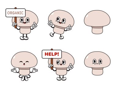 Komik, mutlu mantar karakterleri seti. Vektör el çizimi karalama tarzı geleneksel çizgi film klasiği, retro karakter çizim ikonu tasarımı. Şirin mantar maskotu karakteri