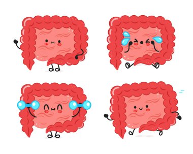 Neşeli karikatür bağırsakları beyaz arka plan, sağlık konsepti üzerine renkli bir şekilde çizilmiş duygu ve aktiviteleri gösteriyor.