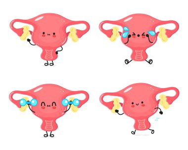 Beyaz bir arka planda izole edilmiş, sağlık ve uygunluğu vurgulayan, farklı ifadeleri ve aktiviteleri olan sevimli çizgi film karakterleri.