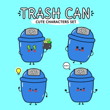 A cute set of trash can characters with playful expressions on a bright blue background. Vector hand drawn cartoon kawaii character illustration icon. clipart