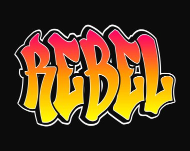 İsyancı kelimesi graffiti tarzı harfler. Vektör el çizimi karikatür logosu Asi illüstrasyonu. Komik havalı garip mektuplar, moda, graffiti tarzı baskı tişörtü, poster konsepti.