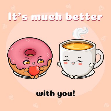 Nefis pembe donut, dumanı tüten bir kahve fincanının yanında kalp tutuyor, ikisi de gülümsüyor. Sevgi ve dostluğu simgeleyen büyüleyici bir çizim. Sevgililer Günü, kafe ve kahvaltı temaları için mükemmel..