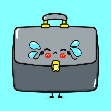 Ağlayan gözlü, iş stresini, iş kaybını ya da finansal sıkıntıları simgeleyen bir çizgi film karakteri. Bu üzücü iş çantası maskotu ofis için mükemmel, iş kavramları için. Vektör Kawaii illüstrasyonu.