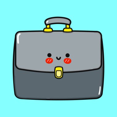 Mutlu yüzlü sevimli bir Evrak Çantası Karikatürü neşe ve olumluluk getirir. Vektör el çizimi çizgi film kawaii karakter çizimi simgesi. Ofis Çantası Karakteri iş ve okul tasarımları için mükemmeldir..