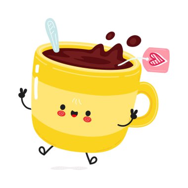 Sevimli Çay Kupası karakteri barış işareti sallıyor ve mutlu bir şekilde gülümsüyor. Kalp çay poşeti etiketli şirin bir sarı kupa çıkartmalar ve eğlenceli tasarımlar için mükemmel. Vektör eli çizilmiş çizgi film kawaii karakteri