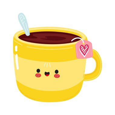 Hoş bir sarı çay fincanı, tatlı bir gülümseme ve çay poşeti etiketinde bir kalp, sıcaklık ve samimiyet yayıyor. Sevimli ve neşeli tasarımlar için mükemmel. Vektör eli çizilmiş çizgi film kawaii karakteri