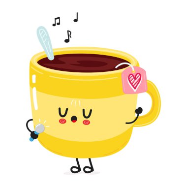 Sarı renkli mutlu bir çay fincanı mikrofona şarkı söylüyor. Üzerinde müzik notaları var..