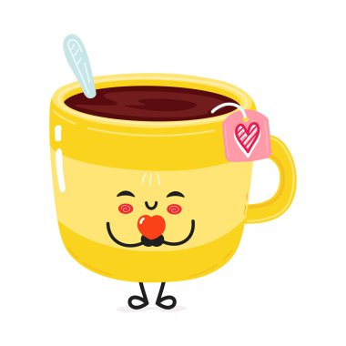Sevgi dolu gözleri ve burnu olan sarı bir kupa, sıcak bir içeceği kalp çay torbasıyla tutuyor. Tapılası kawaii tarzı vektör çizimi.