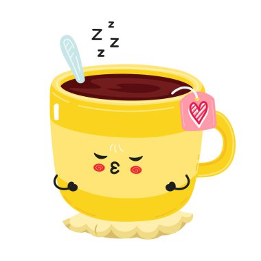 Sevimli sarı çay fincanı karakteri pembe bir kalp etiketi ile şekerleme yapıyor, çeşitli projeler için tatlı ve komik bir çizim..