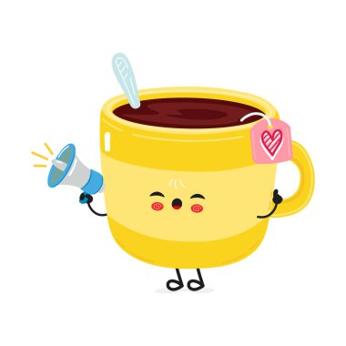Pembe kalp etiketli, kaşıklı ve megafonlu neşeli sarı çay fincanı karakteri beyaz arka planda izole edilmiş..
