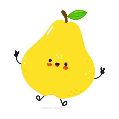 Mutlu yüzlü şirin bir armut çizgi film karakteri ve beyaz arka planda izole edilmiş bir barış işareti yapıyor. Sağlık ve beslenme ile ilgili tasarımlar için harika.