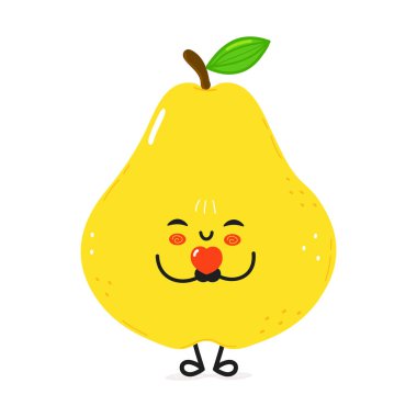 Sevimli armut karakteri aşkı ifade ediyor, tatlı ve komik bir gülümsemeyle kırmızı bir kalp tutuyor..