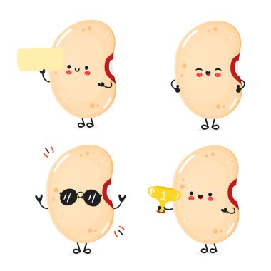 Bir tabela, şampiyon ve güneş gözlüğü takmak gibi farklı ifadeler sergileyen sevimli fasulye karakterleri koleksiyonu..