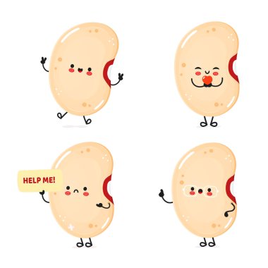 Temiz beyaz bir arkaplanda çeşitli duygu ve eylemler sergileyen sevimli fasulye karakterlerinden oluşan bir derleme..