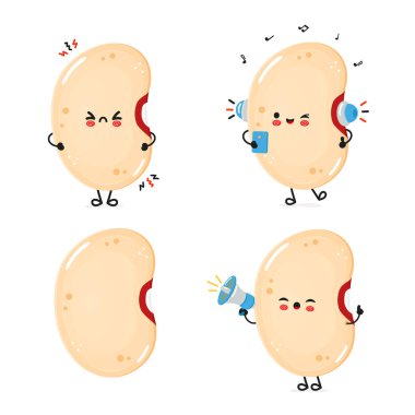Karikatür soya fasulyesi koleksiyonu farklı duygu ve eylemler sergiliyor, beyaz bir arkaplanda izole edilmiş, çocukların eğitimi için uygun..