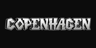 Kopenhag kelimesi, koyu siyah arkaplana karşı şık, graffiti esinlenilmiş bir yazı tipinde cesurca gösterilir..