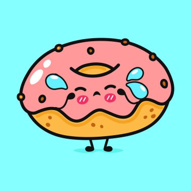 Tatlı ve utangaç görünümlü pembe jöleli, sevimli hatları olan sevimli bir çizgi film donutu. Katı mavi arkaplana karşı ayarla.