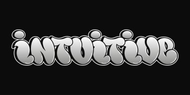 Sezgisel kelimesi koyu, stilize bir yazı tipiyle yazılır ve siyah arkaplan ile gri renkte yazılır. Metnin 3B etkisi var.