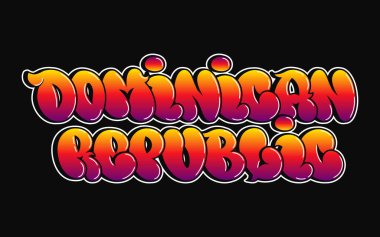 Canlı bir graffiti tarzı grafik, Dominik Cumhuriyeti 'ni siyah bir arkaplana karşı grafiksel renklerle ifade ediyor..