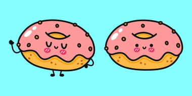 İfade eden yüzleri ve açık mavi arka planda pembe kremalı iki sevimli çizgi film çöreği. Tatlılar için mükemmel..