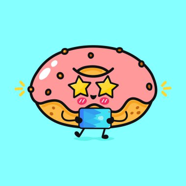 Yıldız gözlü pembe bir donut mavi arka planda tablet tutarken gülümsüyor..