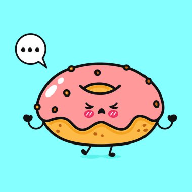 Konuşma baloncuklu huysuz bir çizgi film donutu rahatsız görünüyor, muhtemelen açık mavi bir arkaplanda bir sorun üzerine kafa yoruyor..