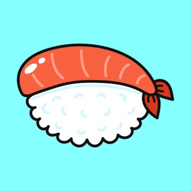 Beyaz pirincin üzerinde pişmiş karides bulunan şirin bir çizgi film sushi nigiri, parlak mavi bir arka planda..