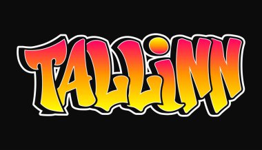 Tallinn kelimesi psikedelik graffiti tarzı harfler. Vektör el çizimi karikatür logosu Tallinn çizimi. Komik havalı garip mektuplar, moda, graffiti tarzı baskı tişörtü, poster konsepti.