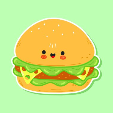 Parlak yeşil arka planda gülümseyen neşeli bir çizgi film hamburgeri, menüler, eğlence tasarımları ve yiyeceklerle ilgili içerikler için mükemmel..