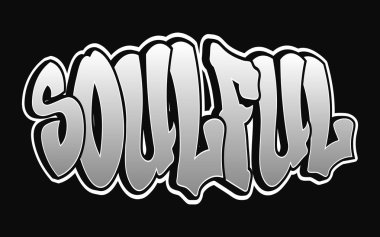 Duygulu kelimesi koyu siyah bir arkaplana karşı kalın grafiti stili harflerle yazılmış. Enerji ve görsel ilgi yayıyor..