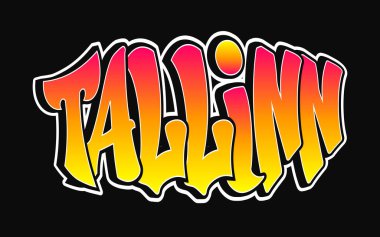 Tallinn kelimesi psikedelik graffiti tarzı harfler. Vektör el çizimi karikatür logosu Tallinn çizimi. Komik havalı garip mektuplar, moda, graffiti tarzı baskı tişörtü, poster konsepti.