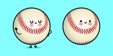 İki sevimli beyzbol karakteri neşeli mavi bir arka plana karşı mutlu ifadelerle yan yana duruyorlar. Tasarım dostane ve davetkar..