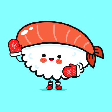 Kırmızı eldivenli, gülümseyen yüzlü ve çizmeli, açık mavi arka planda sevimli bir suşi karakteri..